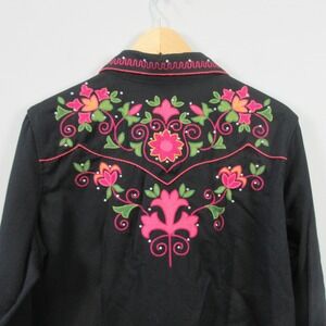 Panhandle Slim Western Black Embroidered Rose Shirt Womens XL Pearl Long Sleeve